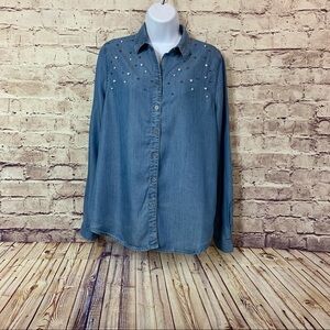 Beach Lunch Lounge Blue Chambray Button Pearl Embellished Shirt